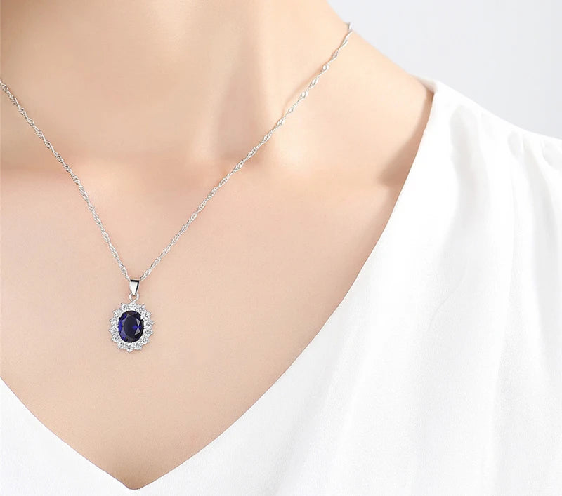 Princess Diana Same Necklace Luxury Created Blue Sapphire Pendant Necklace Women Tibetan Silver Chain Necklace Wedding Jewelry