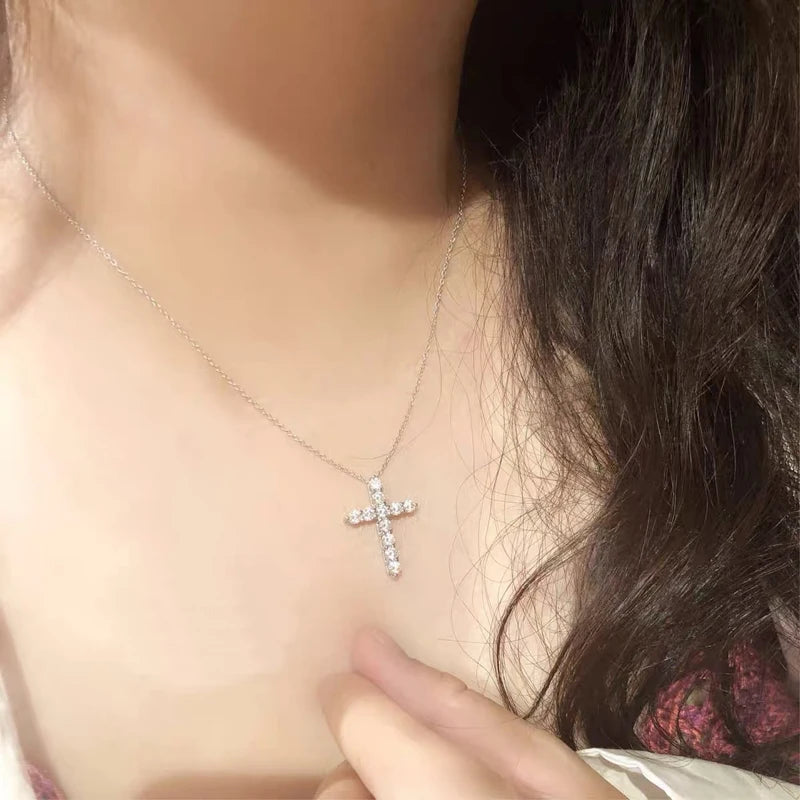 Original Certified Tibetan Silver Necklace&Pendant Women Vintage Religion Full Zirconia Diamant Cross Drop Necklace