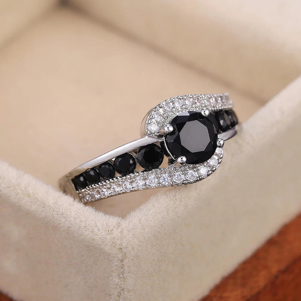 Huitan Special-interest Black Stone Women Wedding Ring Dazzling Crystal Zircon Delicate Gift Top Quality Female Classic Jewelry