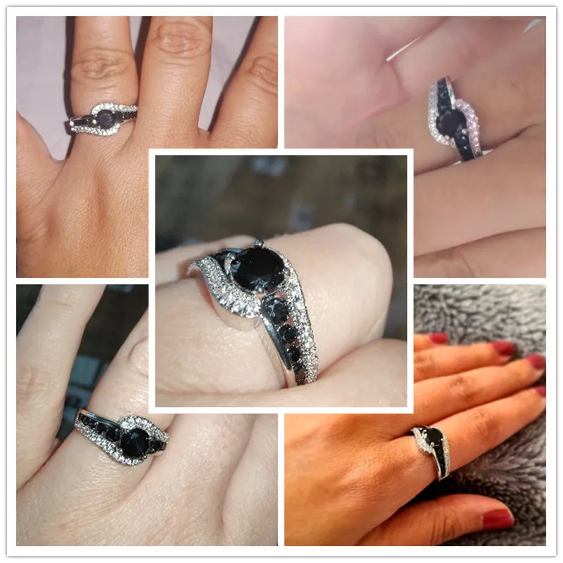 Huitan Special-interest Black Stone Women Wedding Ring Dazzling Crystal Zircon Delicate Gift Top Quality Female Classic Jewelry