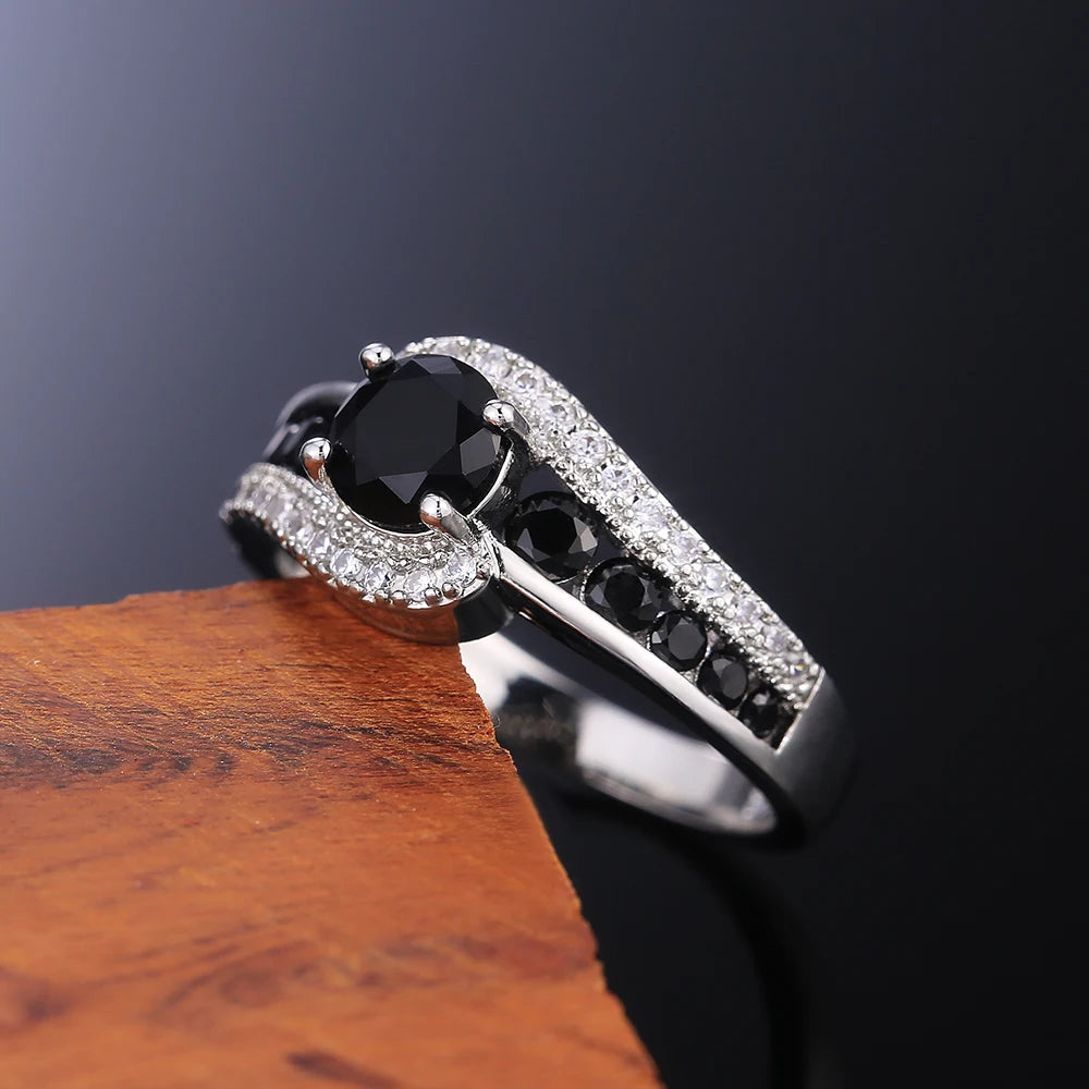 Huitan Special-interest Black Stone Women Wedding Ring Dazzling Crystal Zircon Delicate Gift Top Quality Female Classic Jewelry