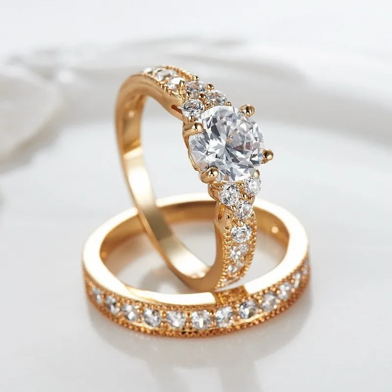 Allergy Free Pure Yellow Gold Color Tibetan Silver Rings Set High Quality Cubic Zircon Ring Bride Wedding Band Set for Women