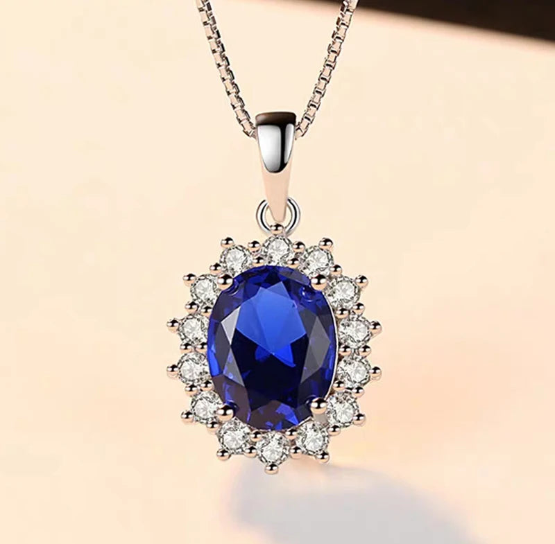 Princess Diana Same Necklace Luxury Created Blue Sapphire Pendant Necklace Women Tibetan Silver Chain Necklace Wedding Jewelry