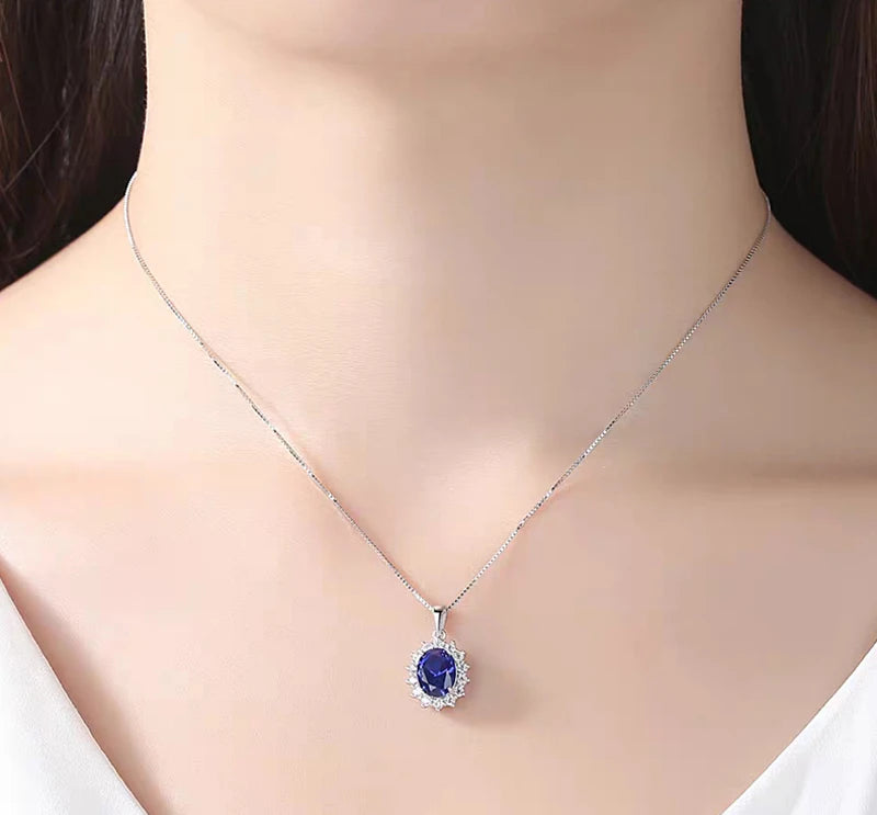 Princess Diana Same Necklace Luxury Created Blue Sapphire Pendant Necklace Women Tibetan Silver Chain Necklace Wedding Jewelry