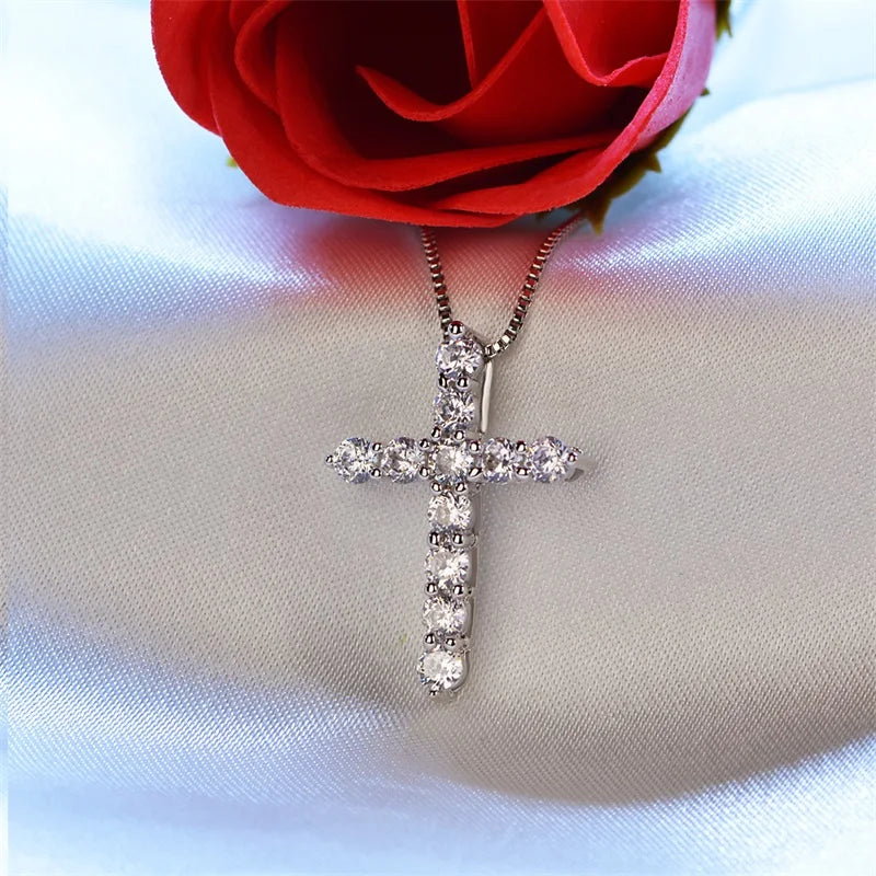 Original Certified Tibetan Silver Necklace&Pendant Women Vintage Religion Full Zirconia Diamant Cross Drop Necklace