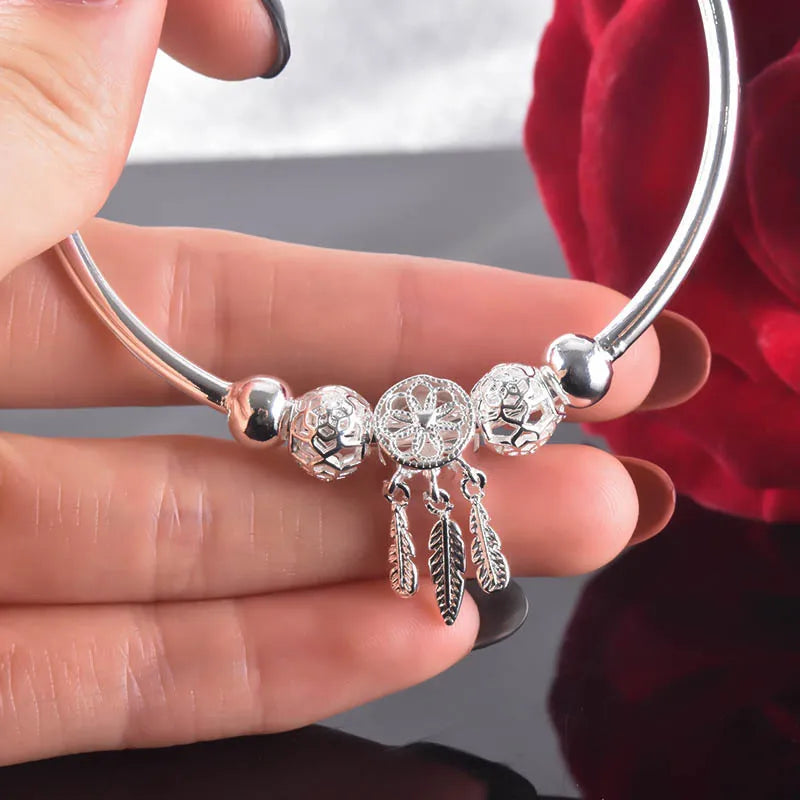 Adjustable Genuine Tibetan Silver  Dreamcatcher Tassel Feather Round Bead Charm Bracelet&Bangle for Women Elegant Jewelry