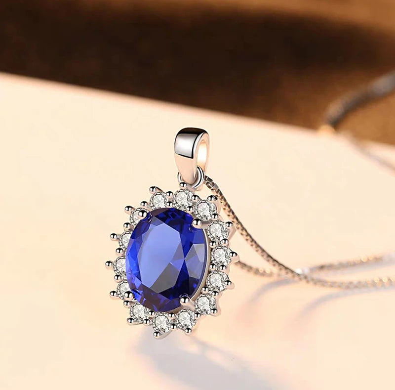 Princess Diana Same Necklace Luxury Created Blue Sapphire Pendant Necklace Women Tibetan Silver Chain Necklace Wedding Jewelry