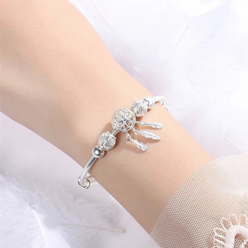 Adjustable Genuine Tibetan Silver  Dreamcatcher Tassel Feather Round Bead Charm Bracelet&Bangle for Women Elegant Jewelry