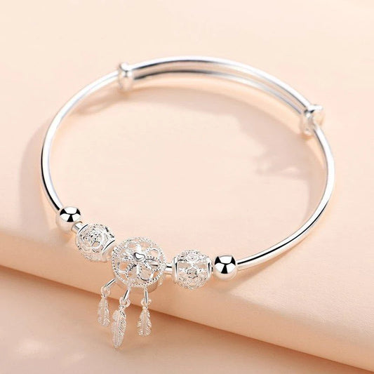 Adjustable Genuine Tibetan Silver  Dreamcatcher Tassel Feather Round Bead Charm Bracelet&Bangle for Women Elegant Jewelry