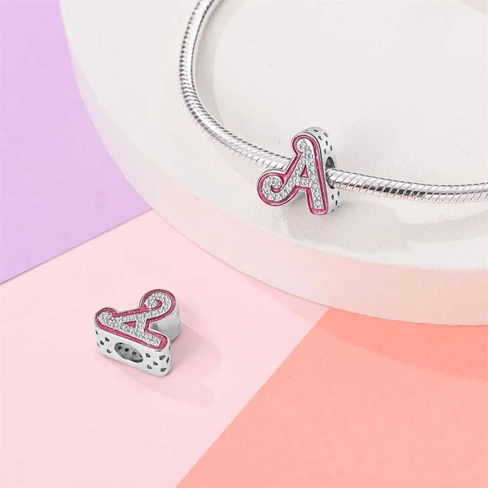 925 Silver Romantic Pink 26 Letters DIY Love Charms Beads 925 Original Bracelet Fine Jewelry Gift for Women Making Original