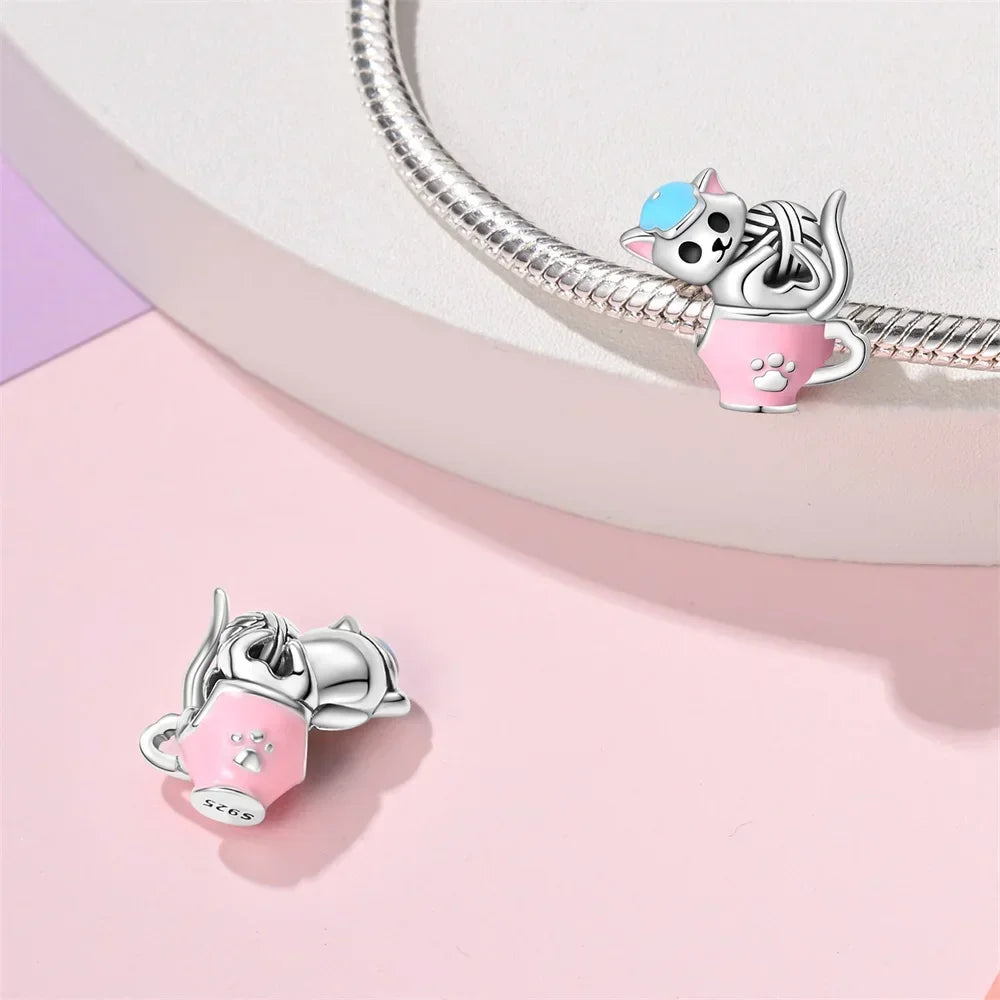 Sterling Silver 925 Pink Cat Cake Donut Charm Coffee Cocktail Original Beads Bracelet Fine Jewelry Gift for Women Making