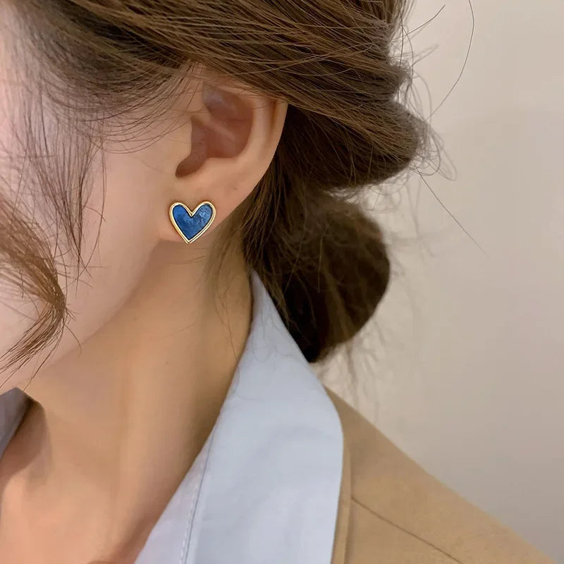 Cute Korean Earrings Heart Bling Zircon Stone Rose Gold Color Stud Earring for Women Fashion Jewelry 2023 New Gift Blue Earrings