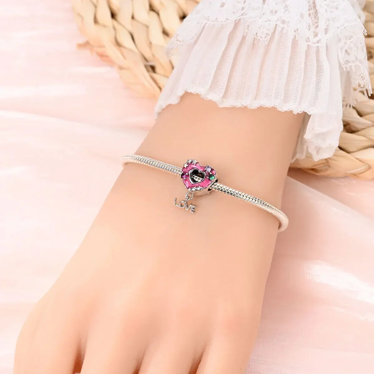 Sterling Silver 925 Pink Cat Cake Donut Charm Coffee Cocktail Original Beads Bracelet Fine Jewelry Gift for Women Making