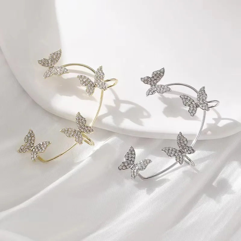 Clip Earrings Silver Color Metal Butterfly Ear Clip Without Piercing for Women Sparkling Zircon Ear Cuff Wedding Fashion Jewelry