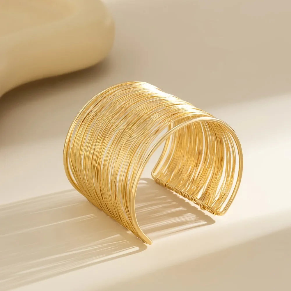 Vintage Hyperbolic Layered Gold Plated Wide Wire Bracelet Cuff Bangle for Women Exaggerated Wrist Wrap Bangle Hand Jewelry Gift