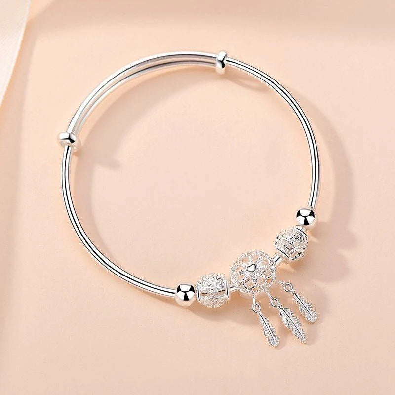 Adjustable Genuine Tibetan Silver  Dreamcatcher Tassel Feather Round Bead Charm Bracelet&Bangle for Women Elegant Jewelry