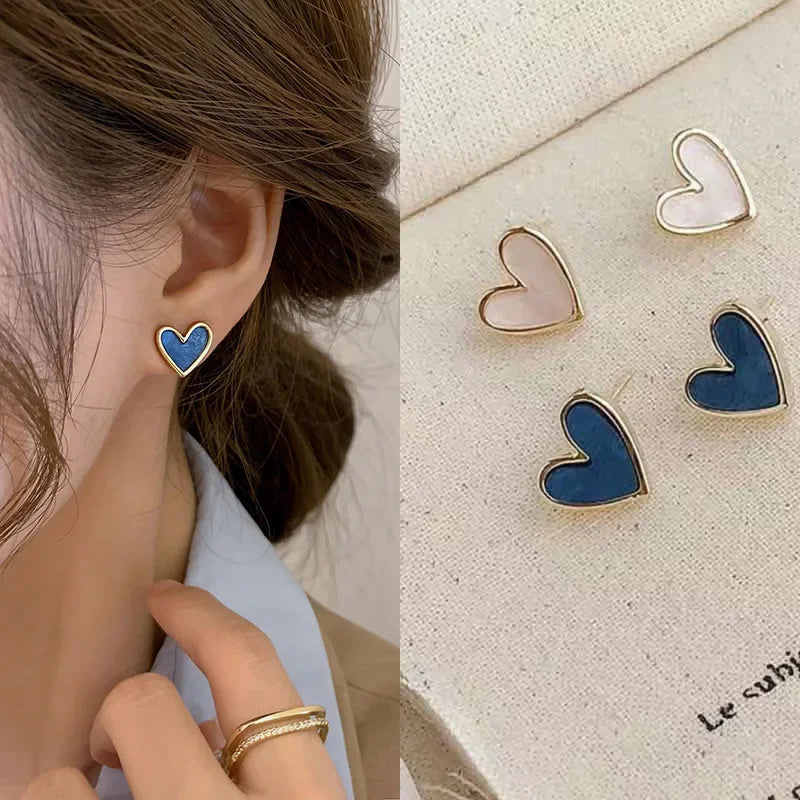 Cute Korean Earrings Heart Bling Zircon Stone Rose Gold Color Stud Earring for Women Fashion Jewelry 2023 New Gift Blue Earrings