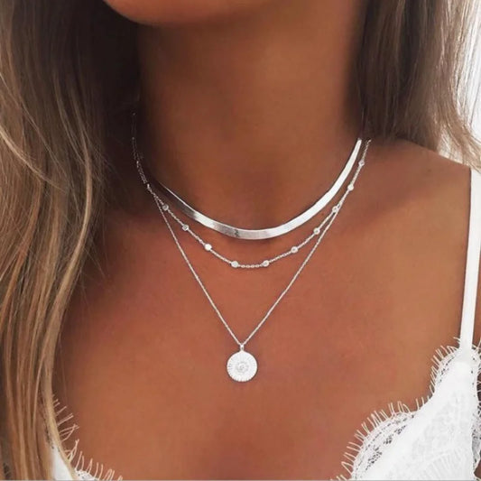 Vintage Three-Layer Round Multilayer Necklace Simple Coin Snake Chain Women's Jewelry Accessories for Girls Fashion Pendant New