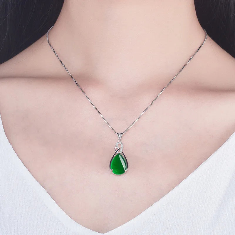 Natural Green Chalcedony Pendant Tibetan Silver  Necklace Agate Jade Peridot Bizuteria for Women  Pendant Jewelry